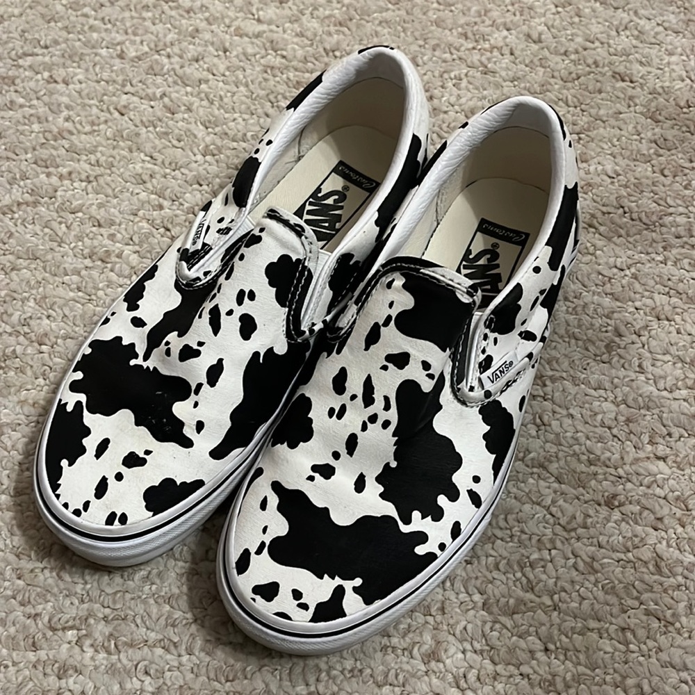 Custom cow print slip on vans